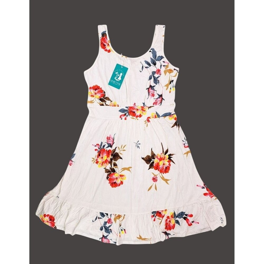Lilbetter Sleeveless Floral Print A-Line Dress White Pink Size Medium Ruffle Hem